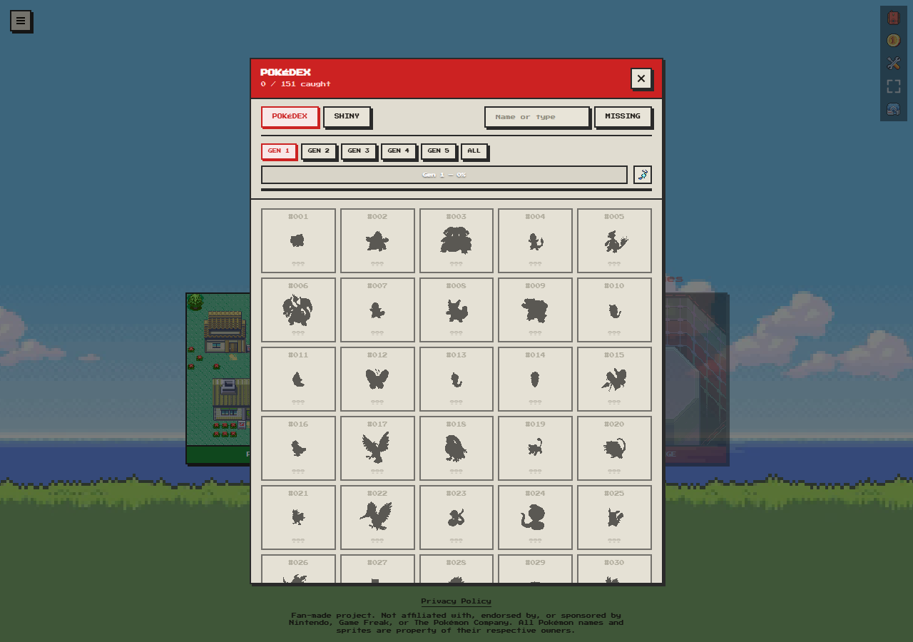 Le Pokédex de Pokelike avec les 151 Pokémon de Kanto