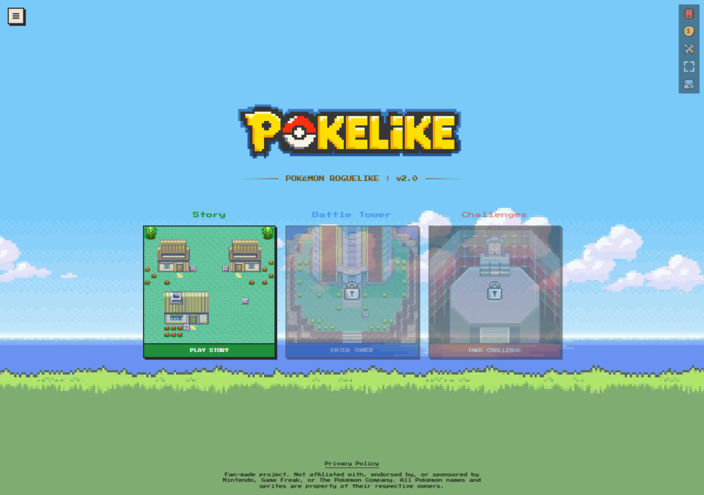 Page d'accueil de Pokelike, jeu Pokémon roguelike